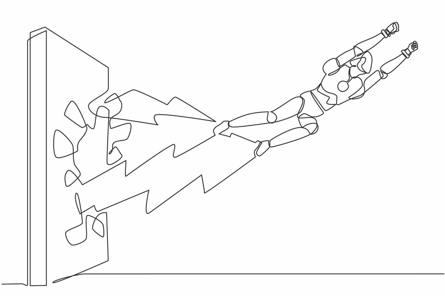 Continuous one line drawing robot punches and breaks the wall. Flying robot breaks the wall. Humanoid robot cybernetic organism. Future robotic. Single line draw design vector graphic illustration