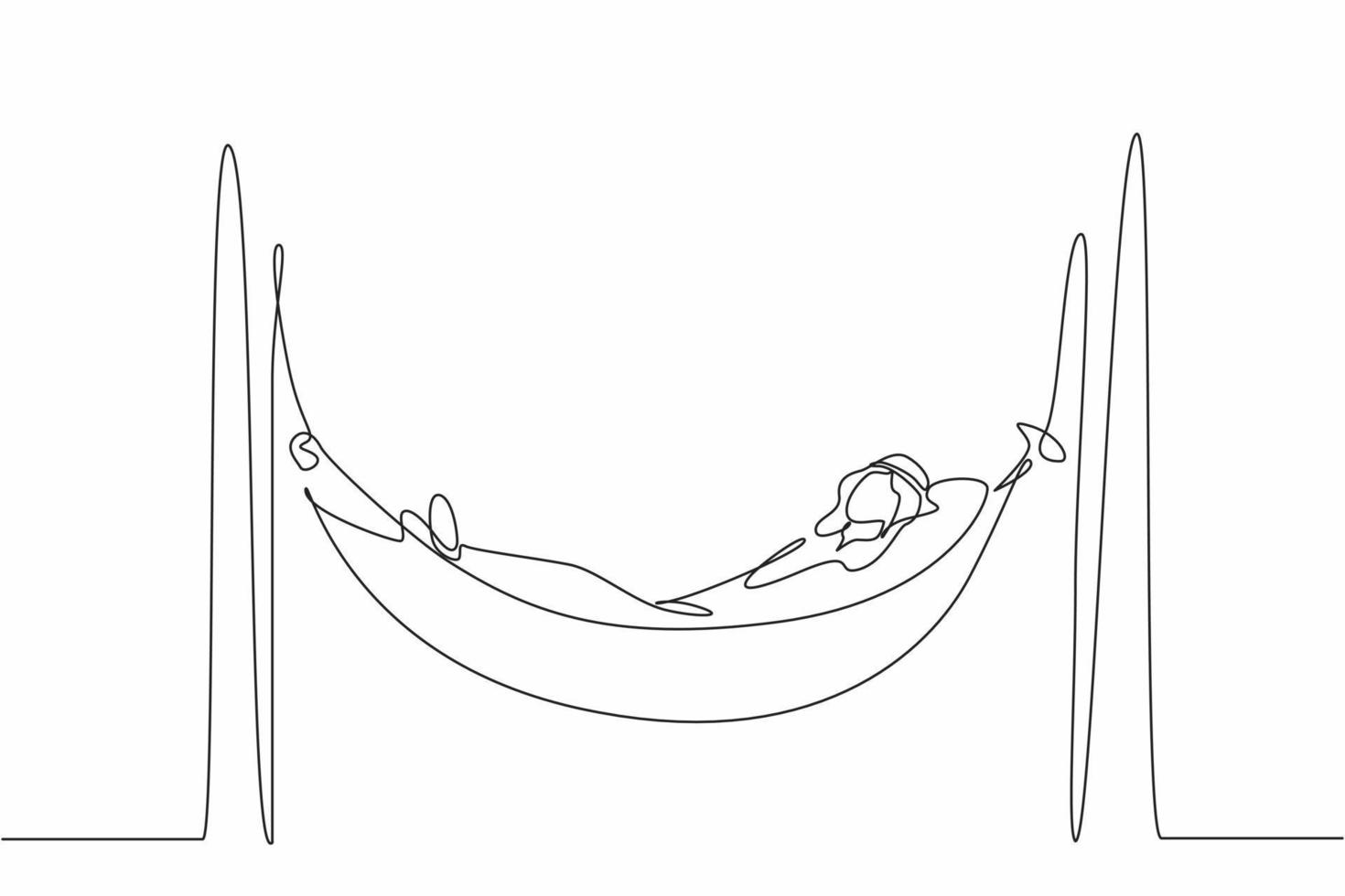 Continuous one line drawing Arabian businessman is lying in hammock and dreaming about big money. Comfort and recreation. Achieve financial freedom. Single line draw design vector graphic illustration