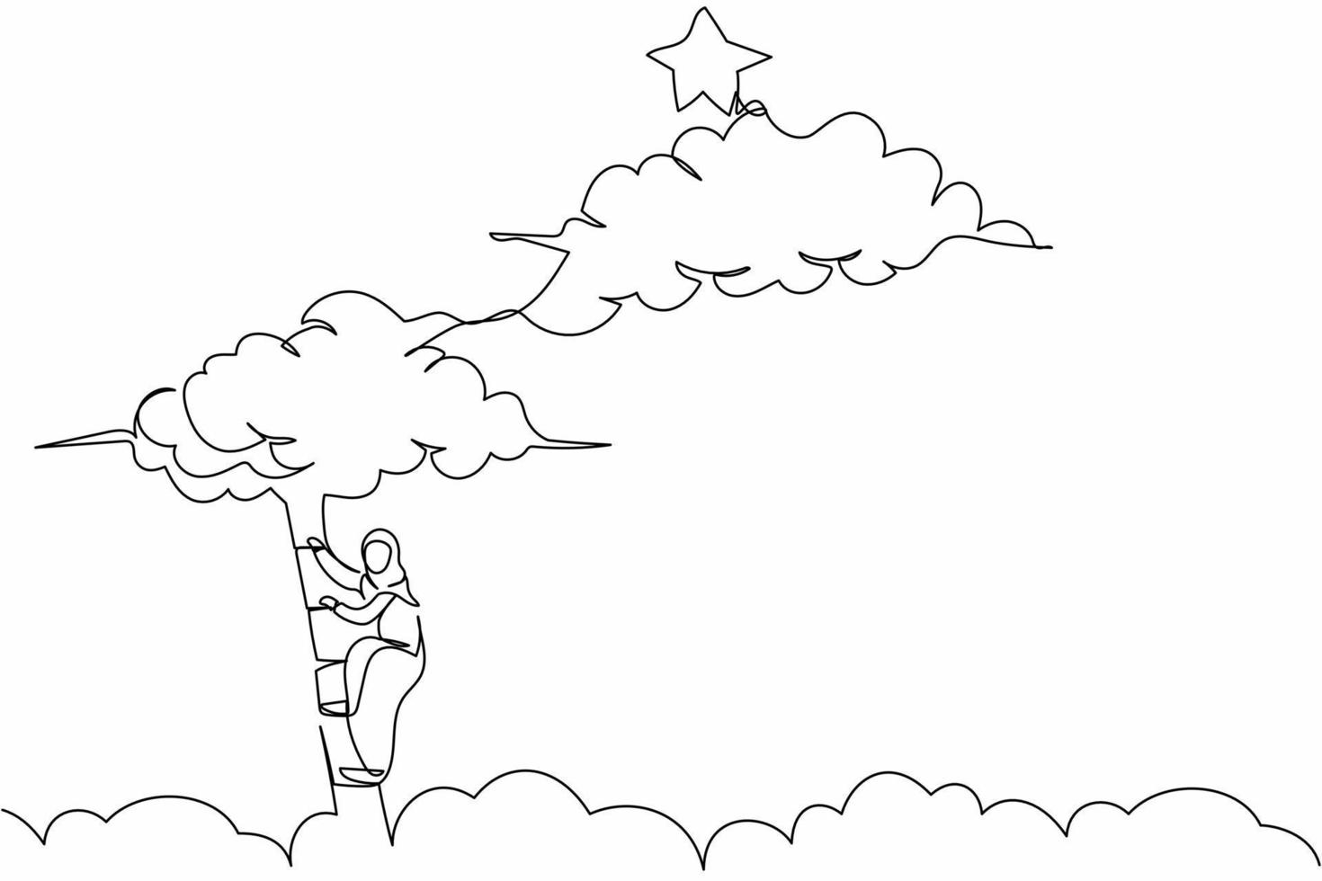 Continuous one line drawing Arab businesswoman climbing ladder to reach out for stars. Office worker climb career path goal. Successful motivation. Single line draw design vector graphic illustration