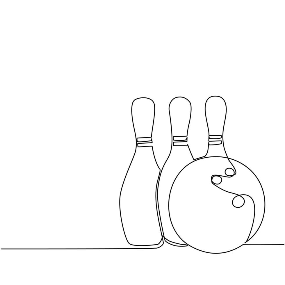 Single one line drawing bowling ball and pins. Sports equipment