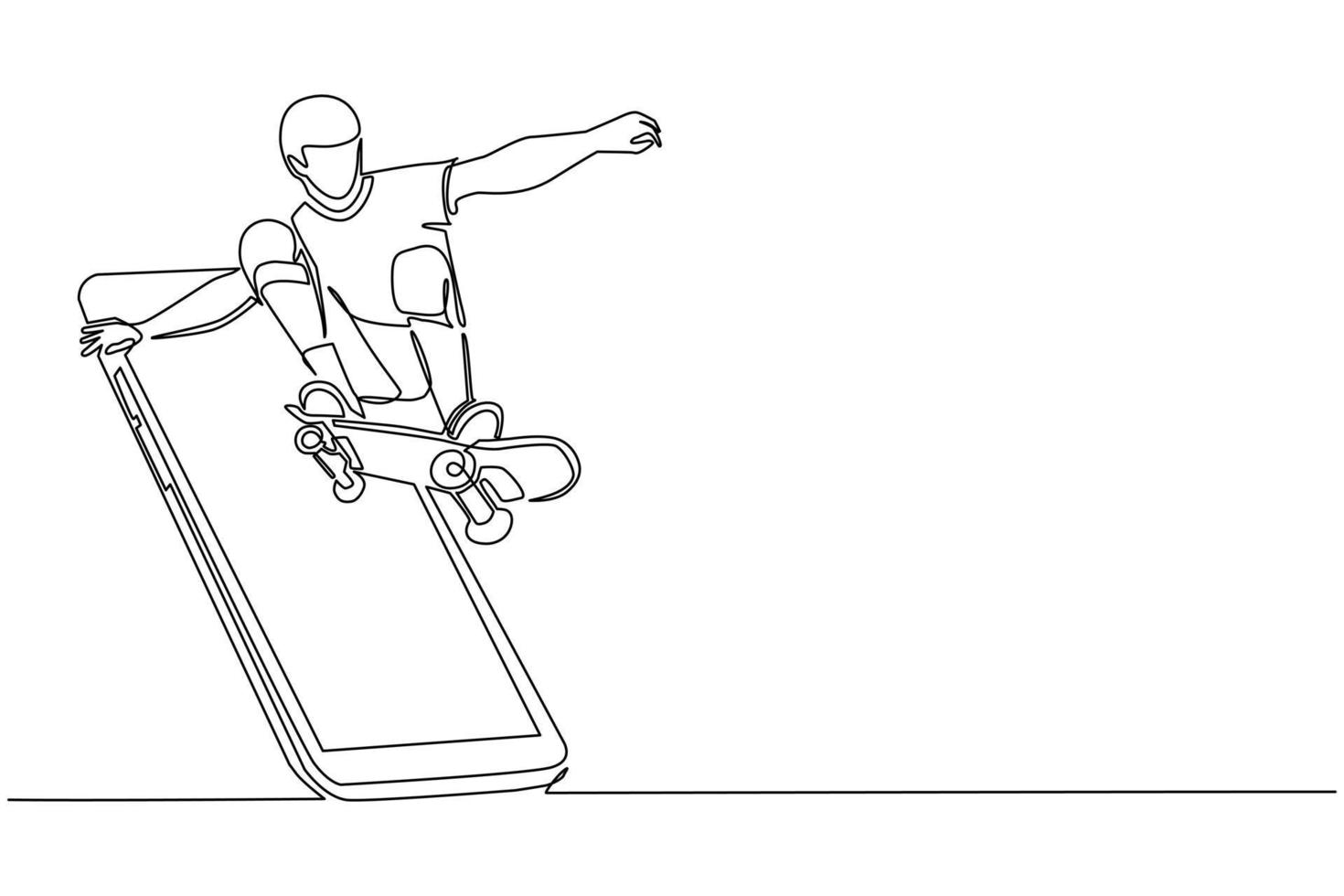 un hombre patinador de dibujo de una línea continua montando patineta y haciendo trucos de salto saliendo de la pantalla del teléfono inteligente. Partidos deportivos móviles. aplicación móvil de patineta en línea. vector de diseño de dibujo de una sola línea