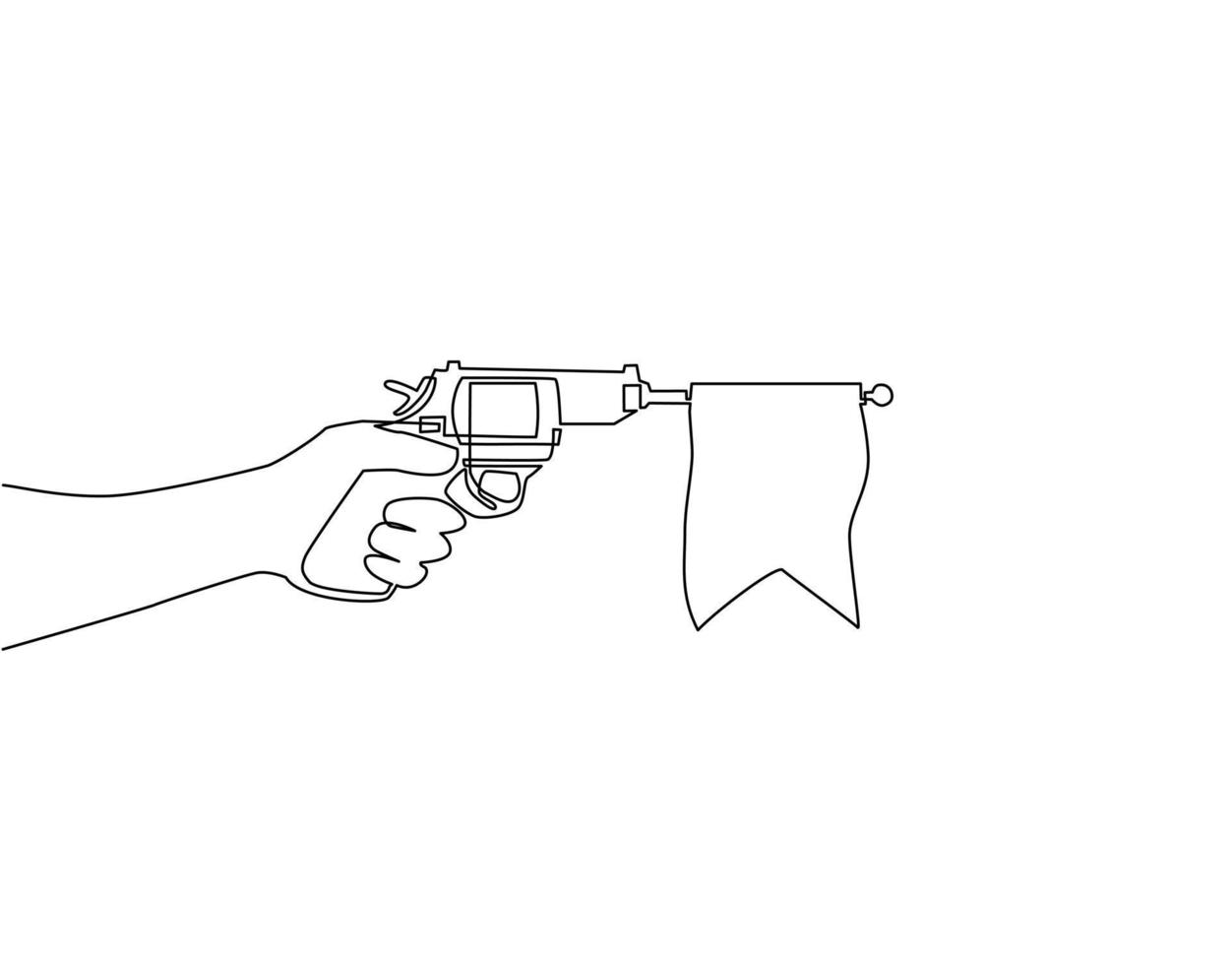 Continuous one line drawing hand holding shooting toy gun pistol with empty flag. Weapon pistol toy isolated. Element of joke surprise day icon. Single line draw design vector graphic illustration
