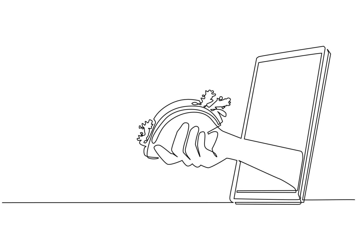 Single continuous line drawing hand holding mexican taco through mobile phone. Concept of restaurant order delivery online food. Application for smartphones. One line draw design vector illustration