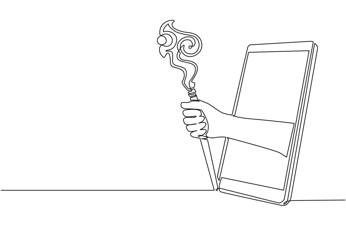 Single continuous line drawing hand holding wizards wooden staff through mobile phone. Concept of mobile games, e-sport, entertainment application for smartphones. One line draw graphic design vector