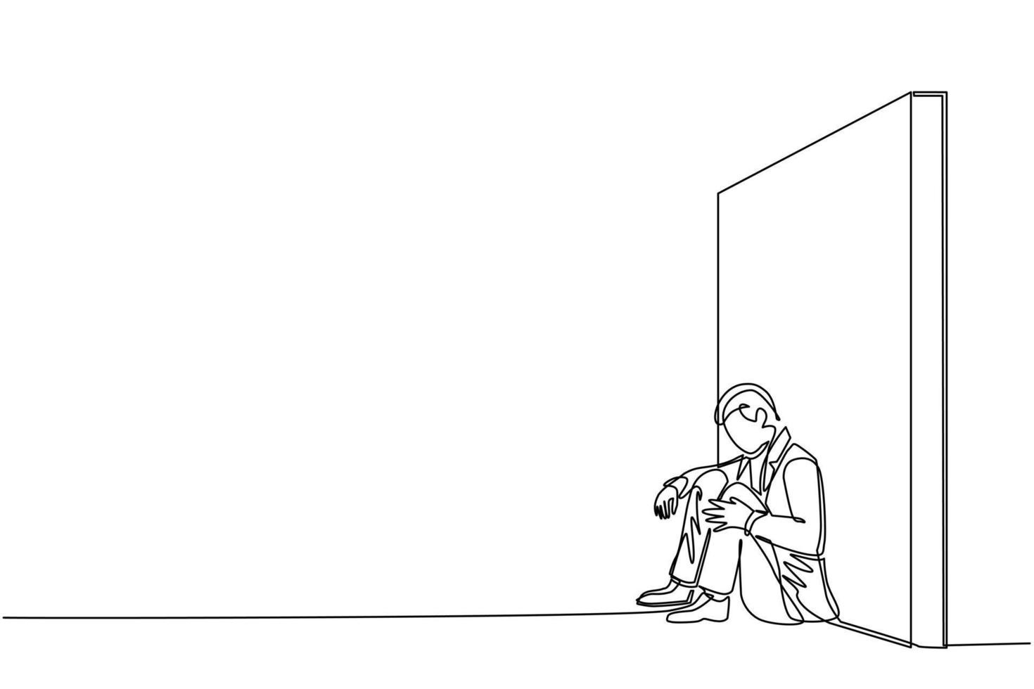 Single continuous line drawing upset businessman sitting on floor and lean against the wall. Business concept in failure, sad, lonely, bankruptcy or negative expression. One line draw design vector