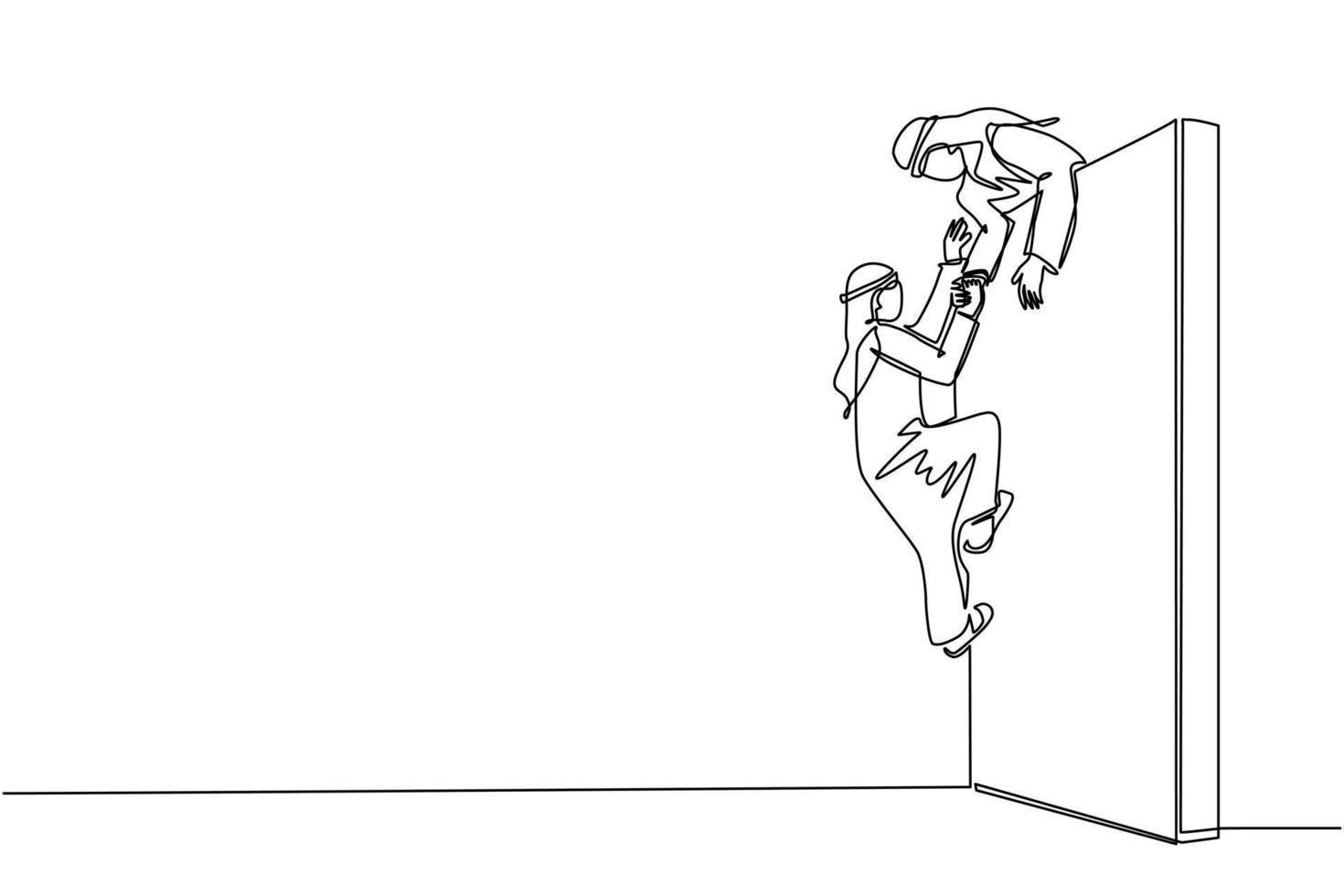 Single continuous line drawing Arab businessman helping another businessman climb wall. Confident successful leading businessman helping another one to get over brick wall. One line draw design vector