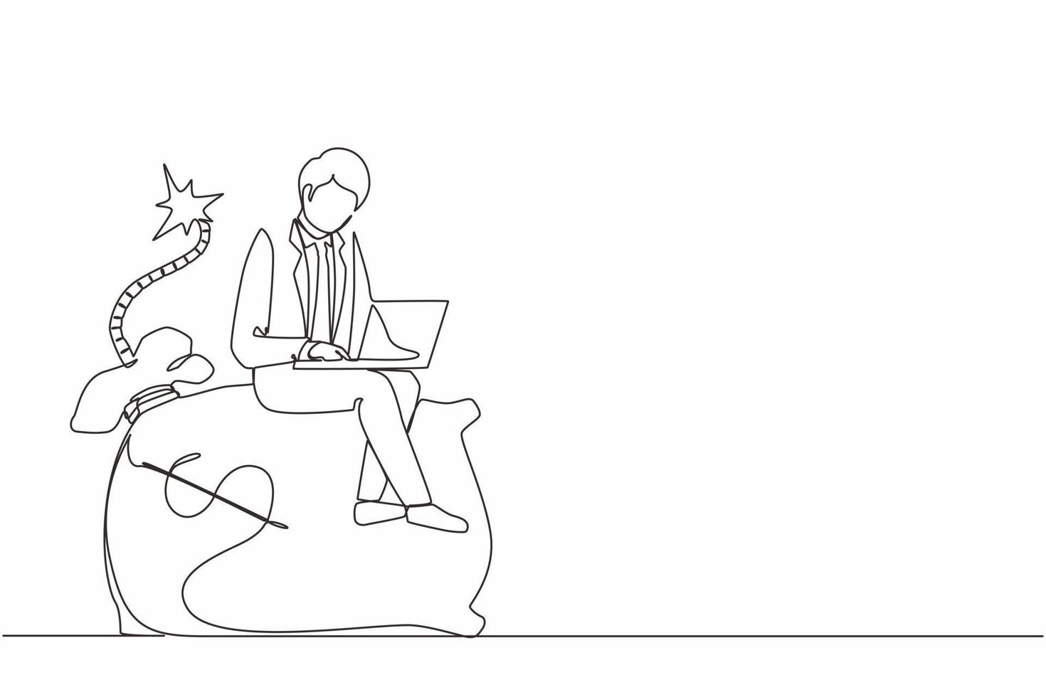 Continuous one line drawing sweating businessman sitting on huge bomb with burning fuse and money bag. Financial problems, taxation burden or business debt, deadline. Single line draw design vector