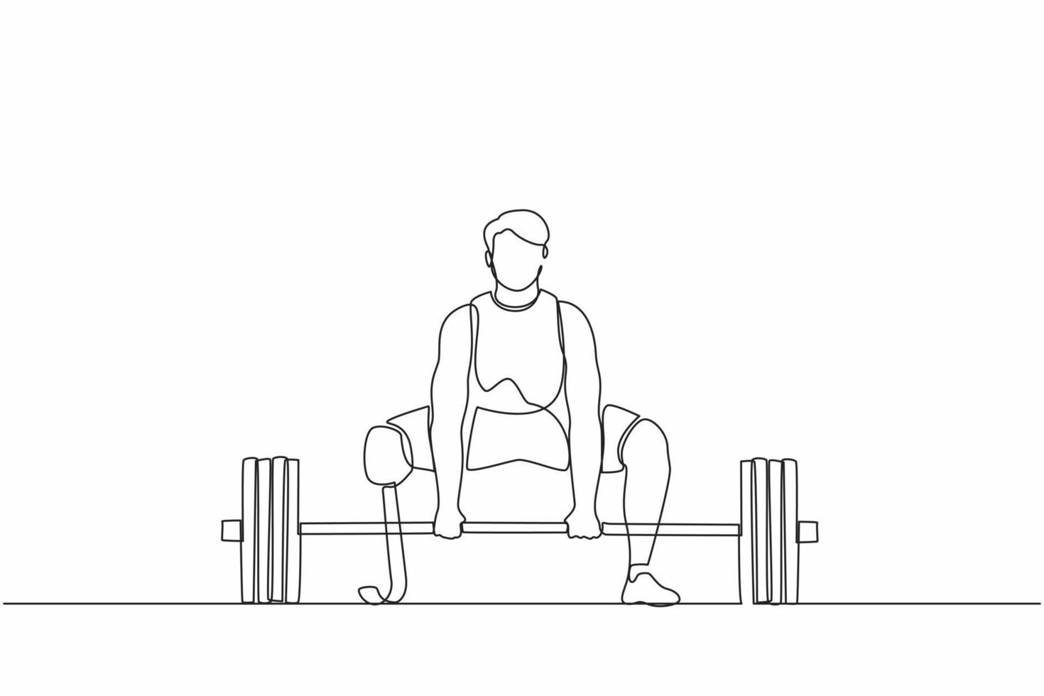 dibujo de una sola línea continua atleta masculino discapacitado que ejercita el levantamiento de pesas. joven discapacitado entrenando en el gimnasio con barra. concepto de deportista con discapacidad. vector de diseño gráfico de dibujo de una línea