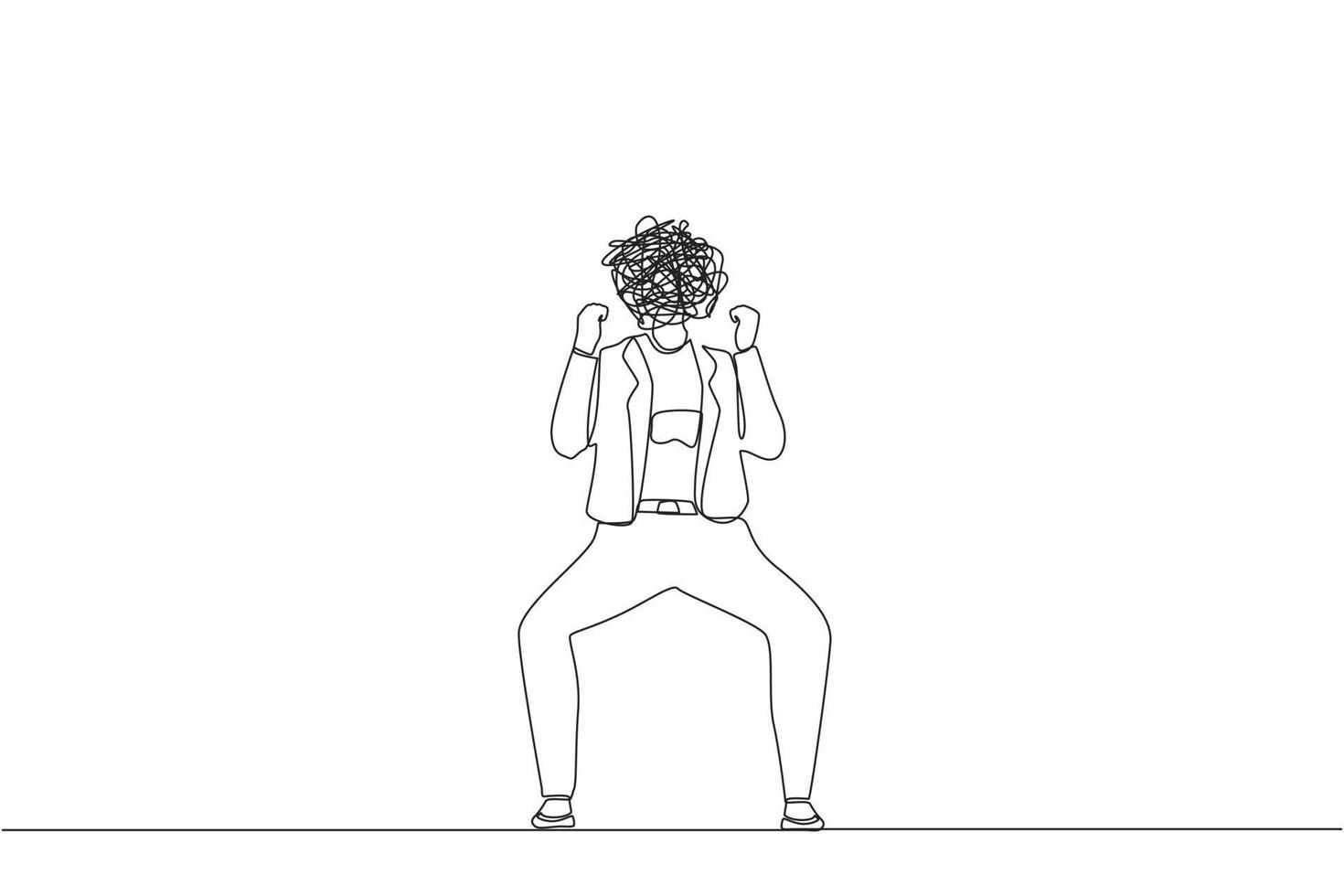 Single one line drawing businesswoman with round scribbles instead of head. Angry woman raised fist gesture. Expresses negative emotions, feelings, desperately. Continuous line design graphic vector
