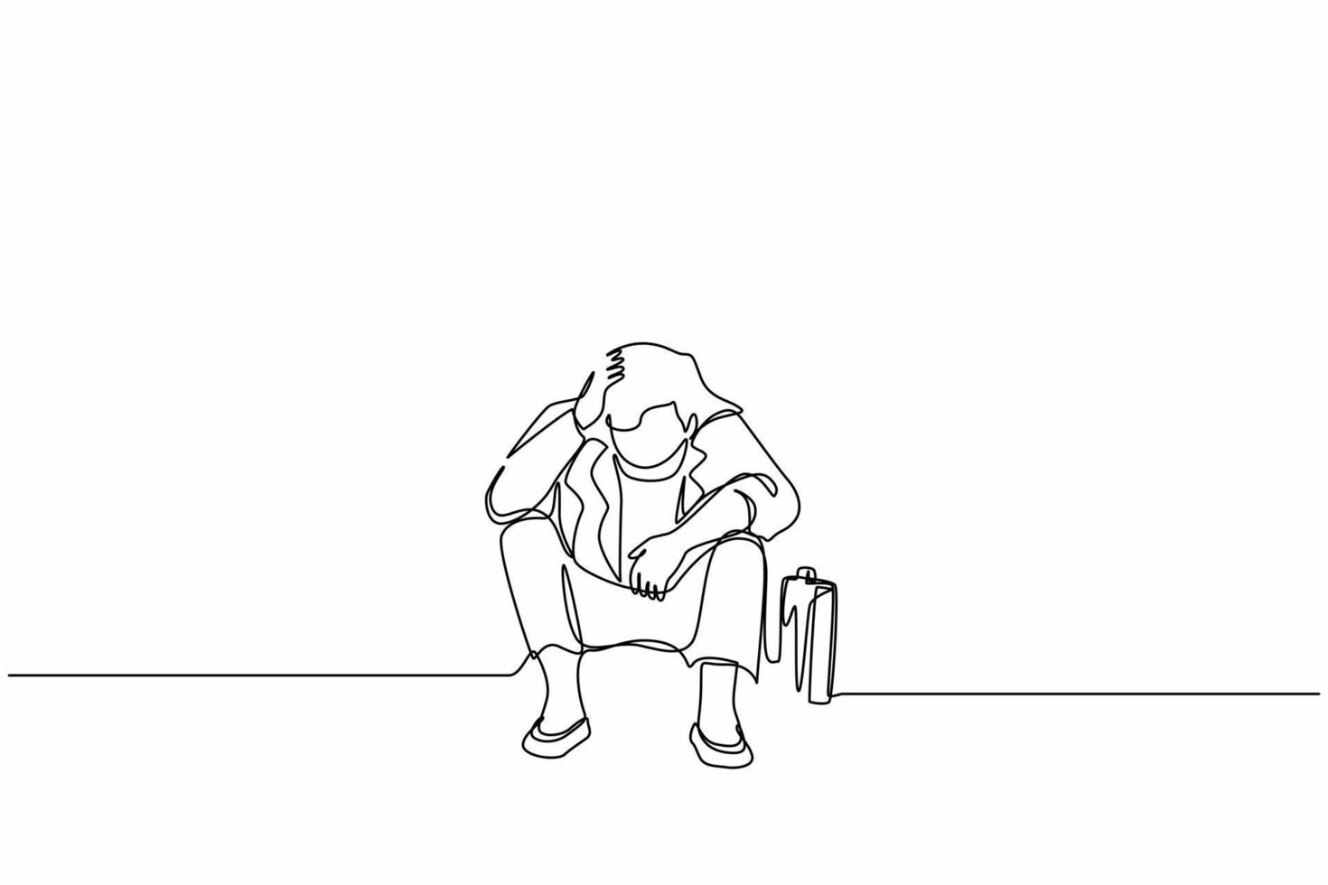 Single one line drawing businesswoman feeling sad, depression, holding head, and sitting on the floor. Frustrated worker mental health problems. Continuous line draw design graphic vector illustration