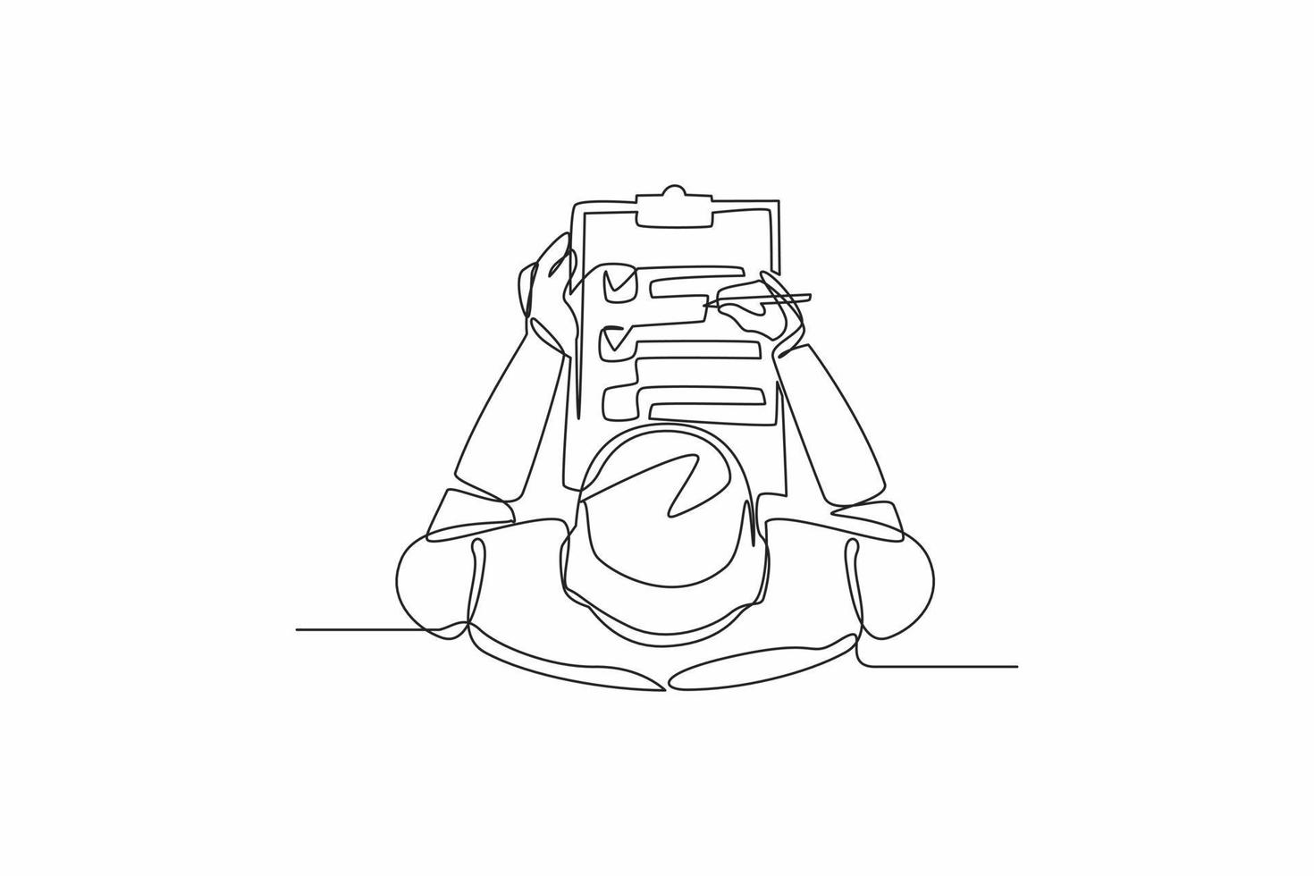 Single continuous line drawing robots check document on clipboard. Modern robotics artificial intelligence technology. Electronic technology industry. One line draw graphic design vector illustration