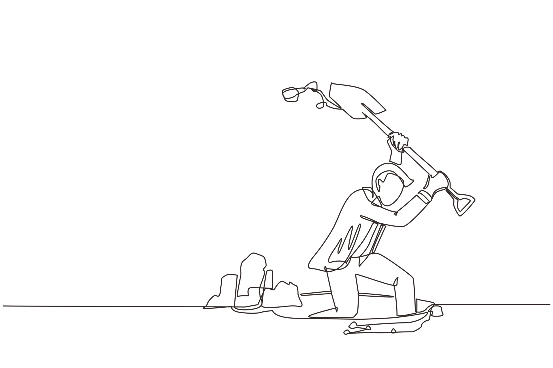 Single continuous line drawing businessman digging in dirt using shovel