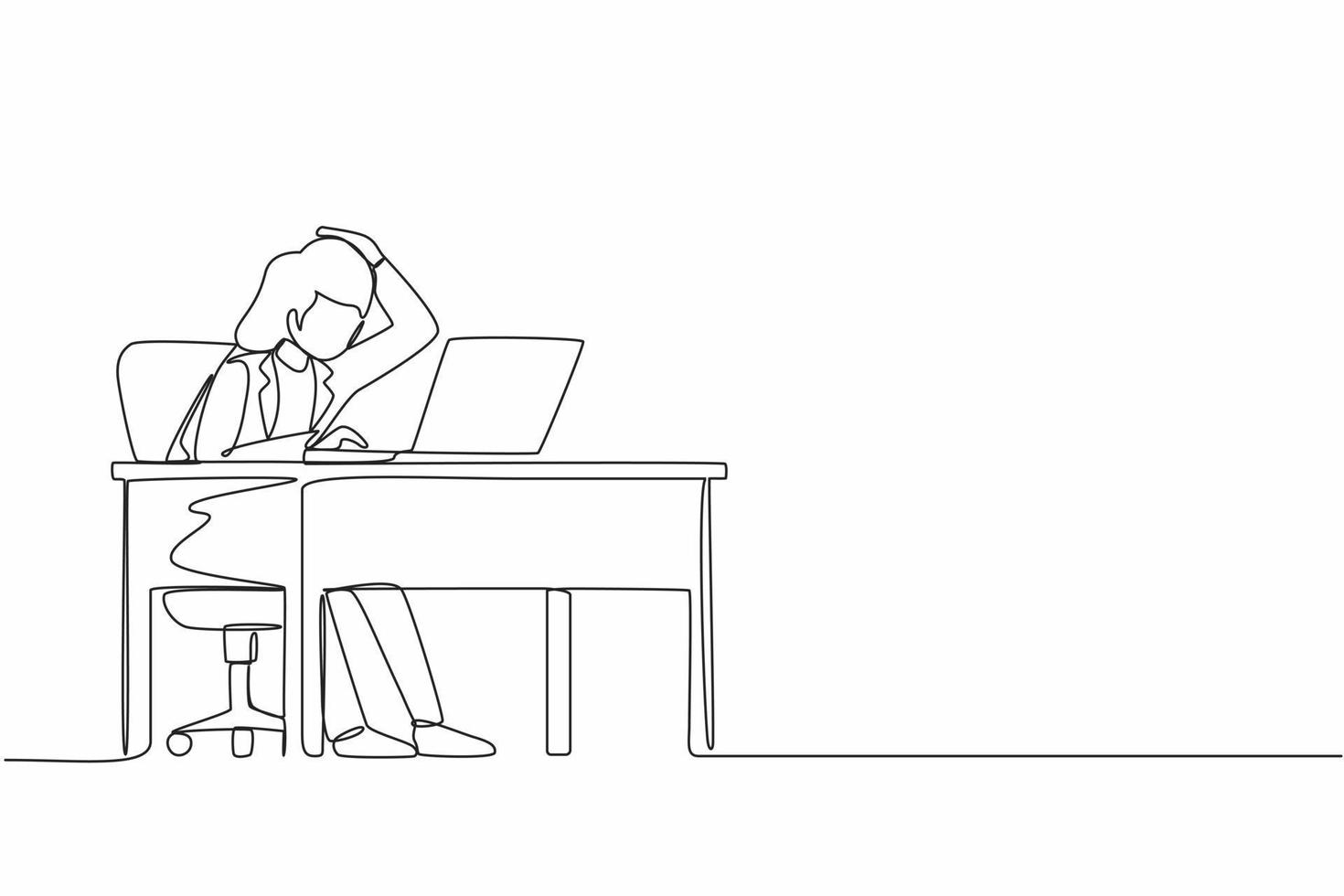 Single continuous line drawing female manager working on computer laptop. Woman with question mark over head scratches back of her head sitting in front of laptop. One line draw graphic design vector