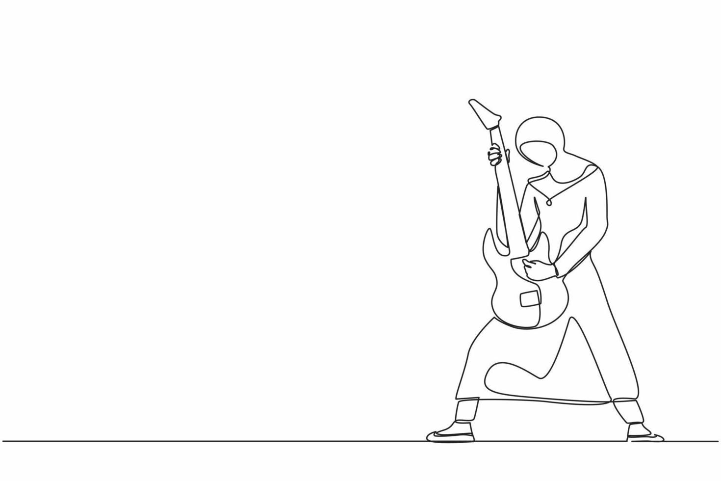 dibujo de una sola línea continua músico árabe tocando guitarra eléctrica. mujer practicando en tocar la guitarra. el guitarrista toca un instrumento musical en el escenario. vector de diseño gráfico de una línea