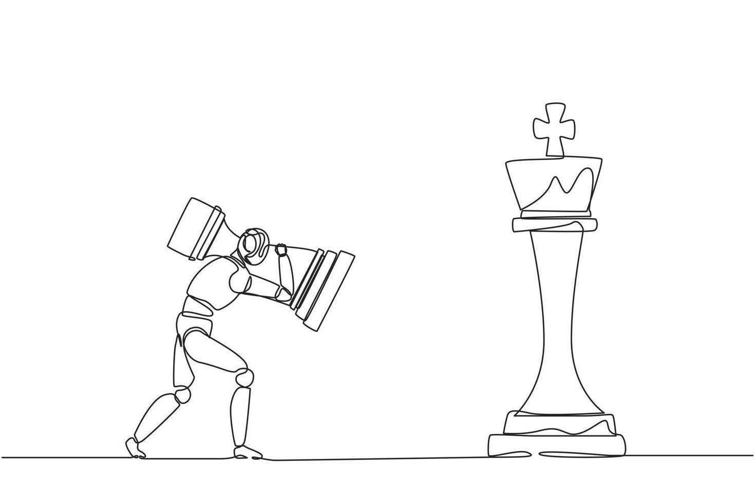 Single one line drawing robot holding rook chess piece to beat king chess. Future technology development. Artificial intelligence machine learning process. Continuous line draw design graphic vector