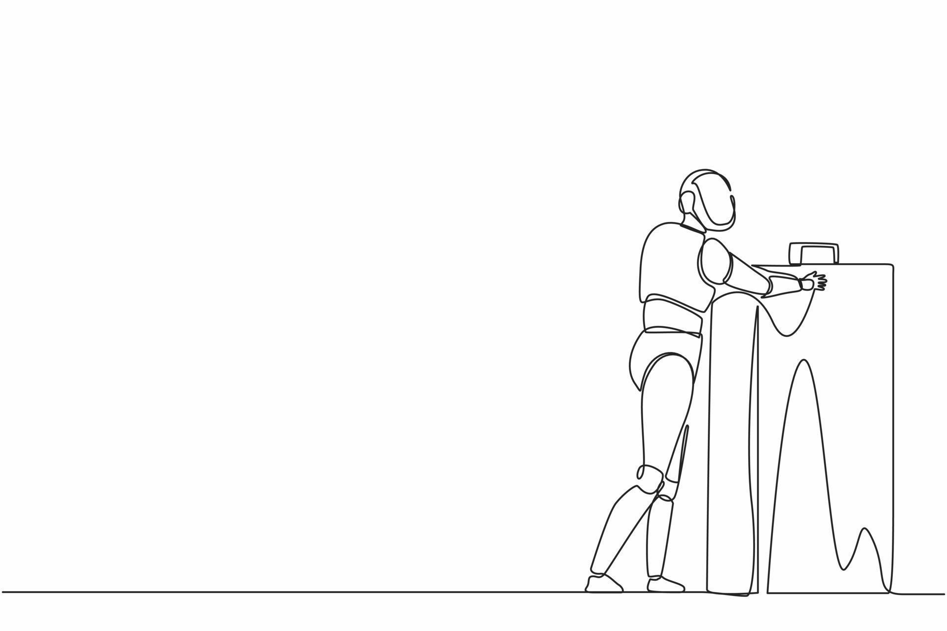 Single continuous line drawing robots standing and hugging huge