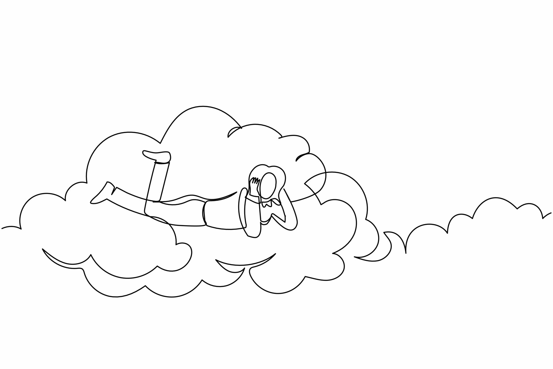 Continuous one line drawing dreamer businesswoman lay on the clouds and