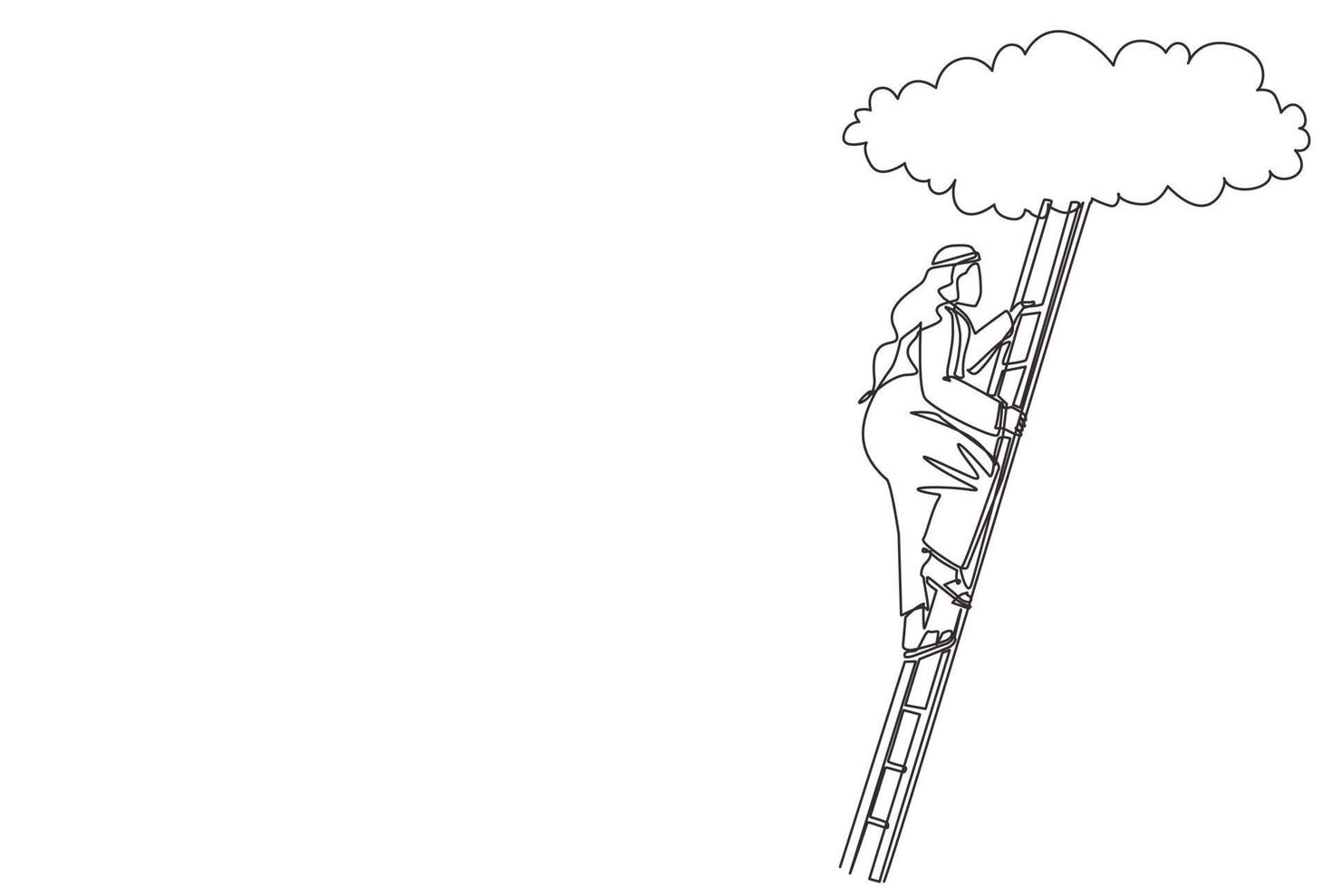 Continuous one line drawing Arab businessman climbing up career ladder to cloud. Successful rising business development. Professional growth and promotion. Single line draw design vector illustration