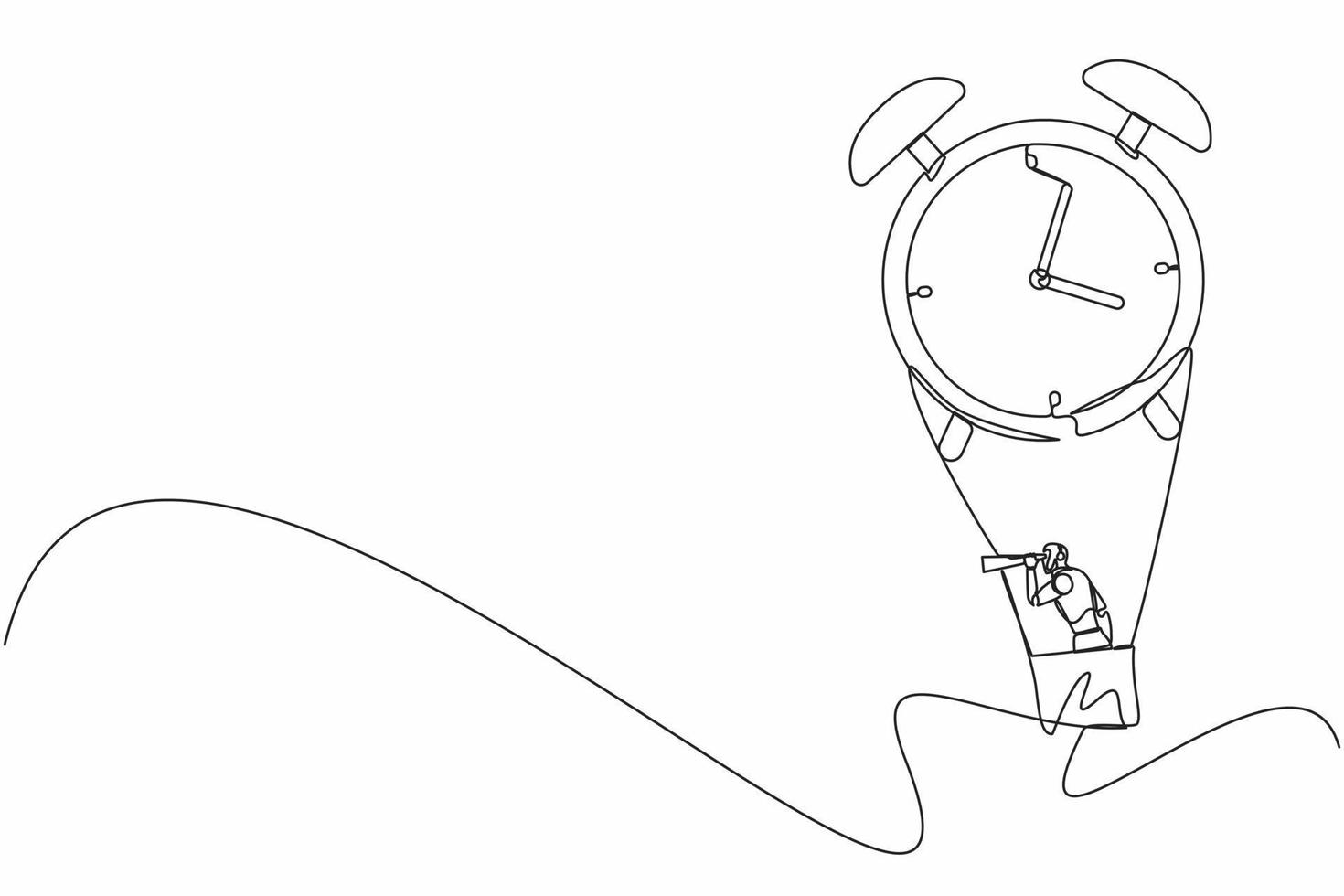 Single one line drawing robots in hot air balloon with alarm clock looking with telescope or monocular. Modern robot artificial intelligence technology. Continuous line draw design vector illustration