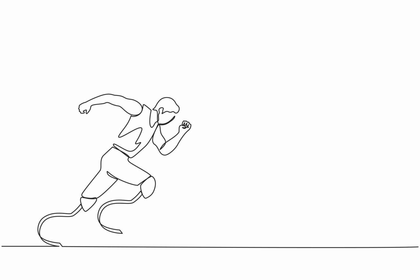 Single continuous line drawing disabled athlete runs on prostheses. Male disability runs. Disabled sportsman with amputated foot. Disabled sport, disability games. One line draw graphic design vector