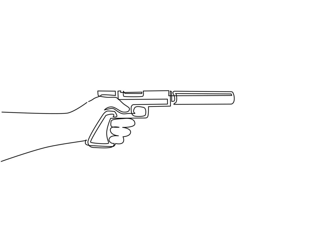 Single one line drawing hand holding pistol with silencer. Mafia gangster gun with silencer, handgun silhouette, gun isolated on white. Modern continuous line draw design graphic vector illustration