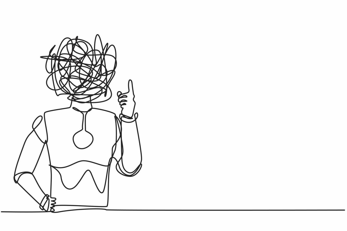 Continuous one line drawing robot with round scribbles instead of head, showing index finger, representing idea, solution. Humanoid robot organism. Single line draw design vector graphic illustration