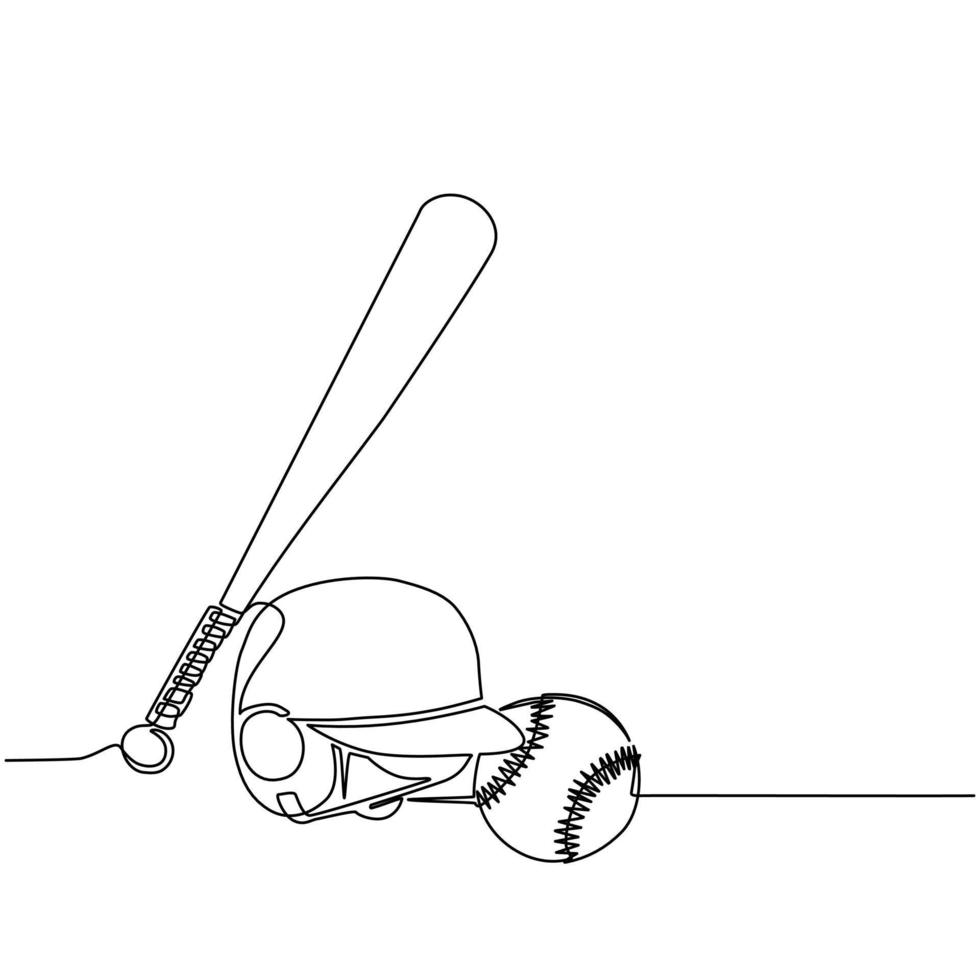 etiqueta continua de béisbol y softbol de dibujo de una línea. pelota y casco con bate de madera. símbolo deportivo y mascota. variedad de equipo de béisbol - pelota, casco. vector de diseño de dibujo de una sola línea