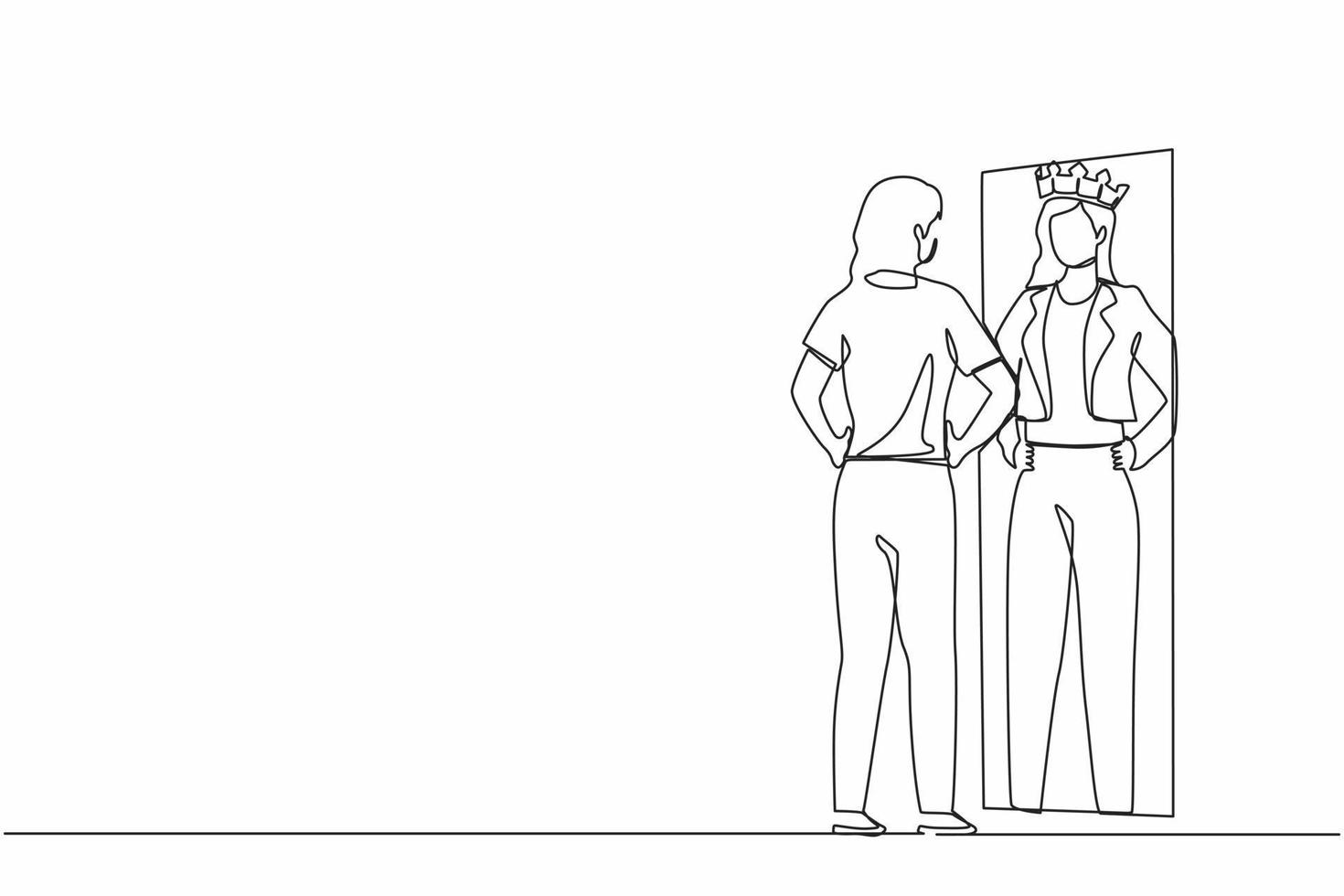 Continuous one line drawing narcissistic businesswoman looking at mirror and seeing in reflection of herself with crown on her head. Self confidence, motivation. Single line draw design vector graphic