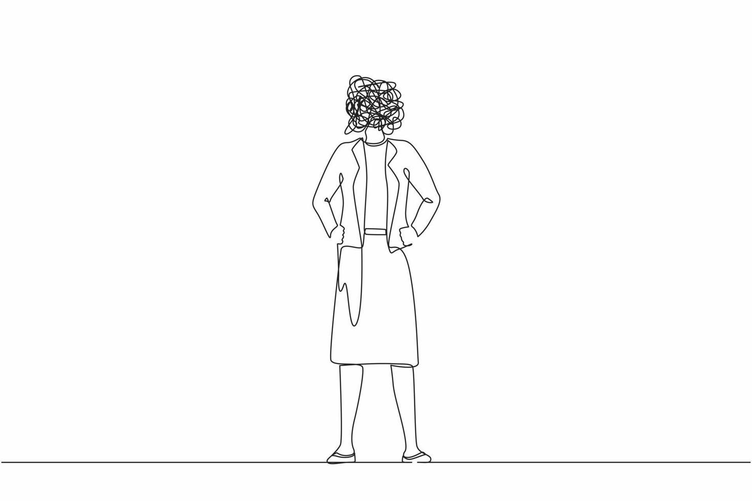 Single continuous line drawing businesswoman with round scribbles instead of head. Female manager standing and holding hand on hip. Office worker pose. One line draw graphic design vector illustration