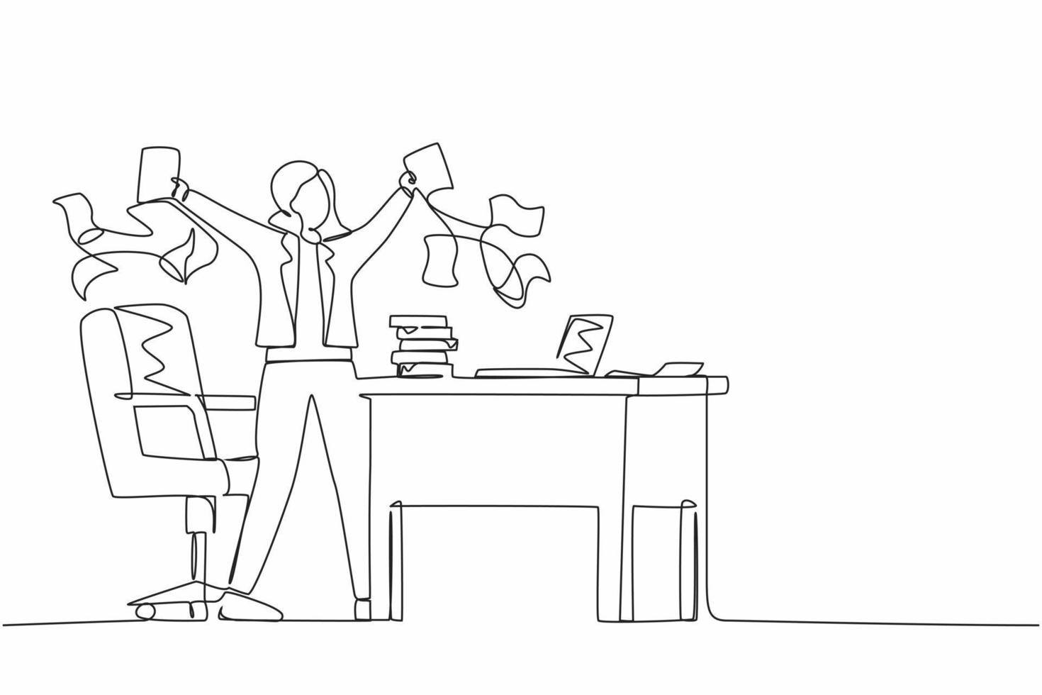 Single one line drawing happy businesswoman, company leader or office worker throwing documents in air, enjoying business success while sitting at workplace. Continuous line design vector illustration