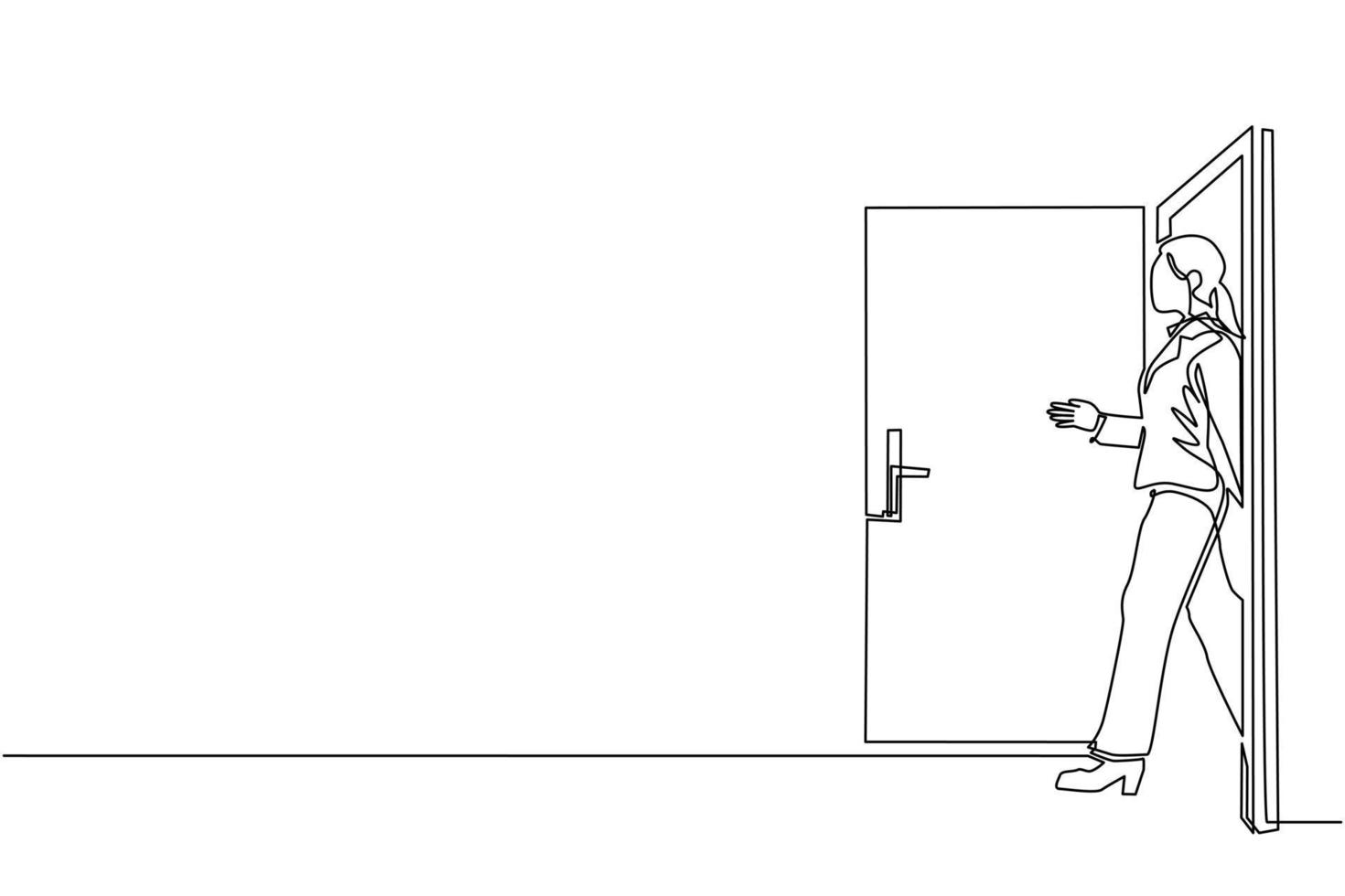 Single continuous line drawing businesswoman on white background walking through an open door frame. New business ventures. Entering new market. Career growth. One line draw graphic design vector