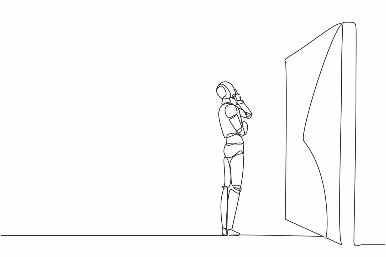 Single continuous line drawing robot thinking in front of big obstacle or wall. Modern robotic artificial intelligence. Electronic technology industry. One line draw graphic design vector illustration