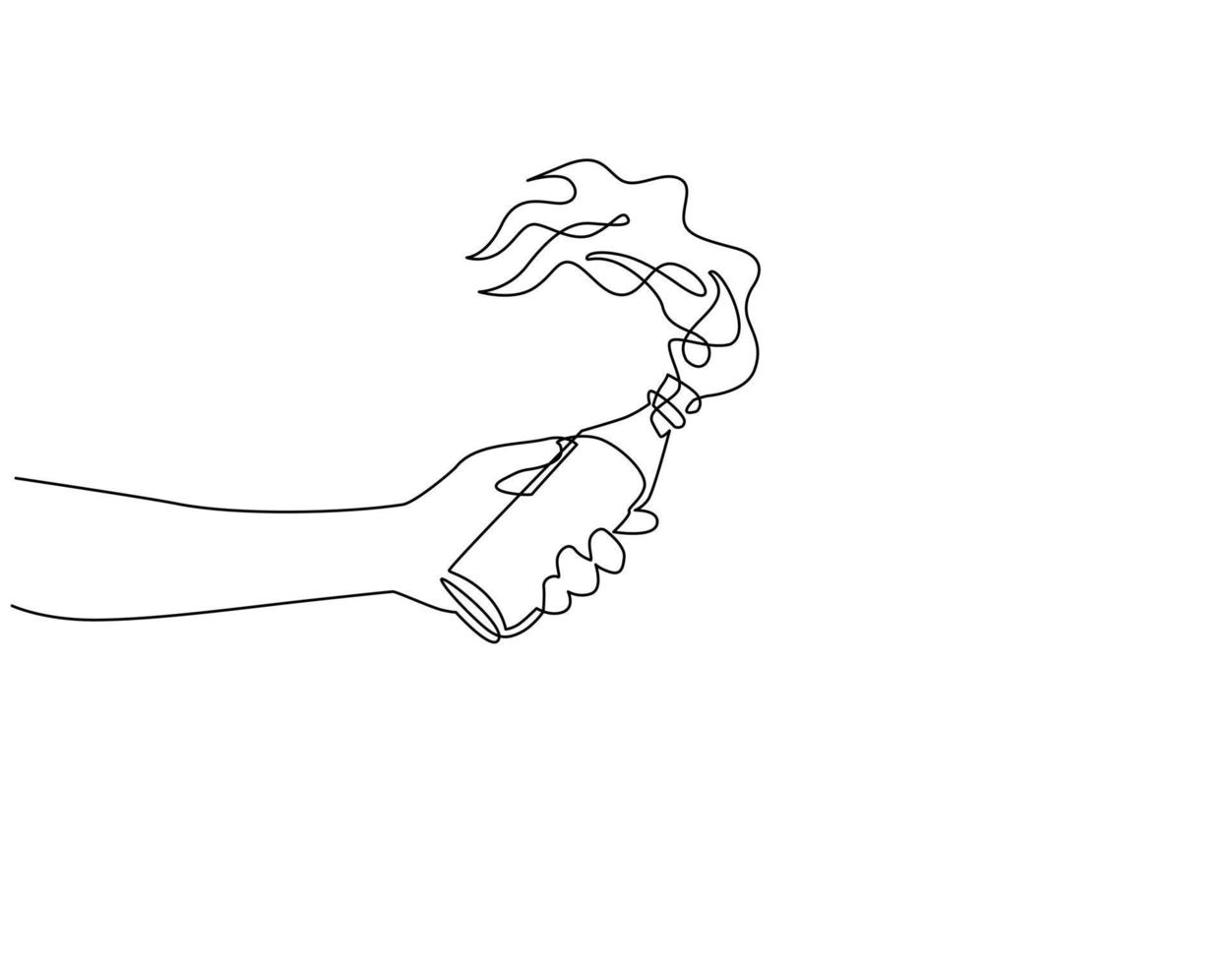 Single one line drawing hand holding molotov cocktail, handmade bomb from bottle glass in flame fire, anarchy demonstrator symbol icon. Modern continuous line draw design graphic vector illustration