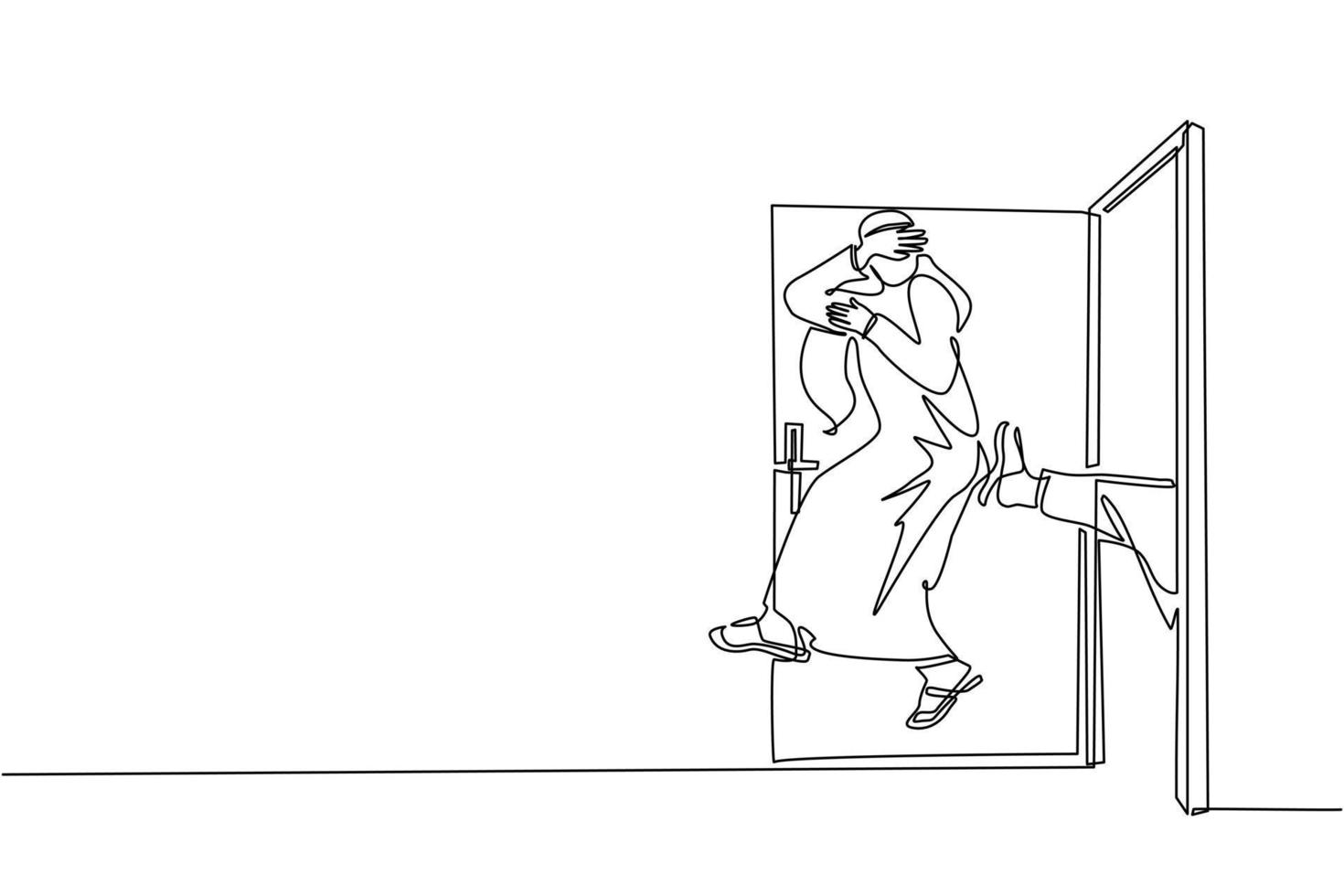 Single continuous line drawing Arabian businessman get kicked out of door. Dismissed from his job. Unemployment business concept. Boss kicks unnecessary employee. One line draw graphic design vector