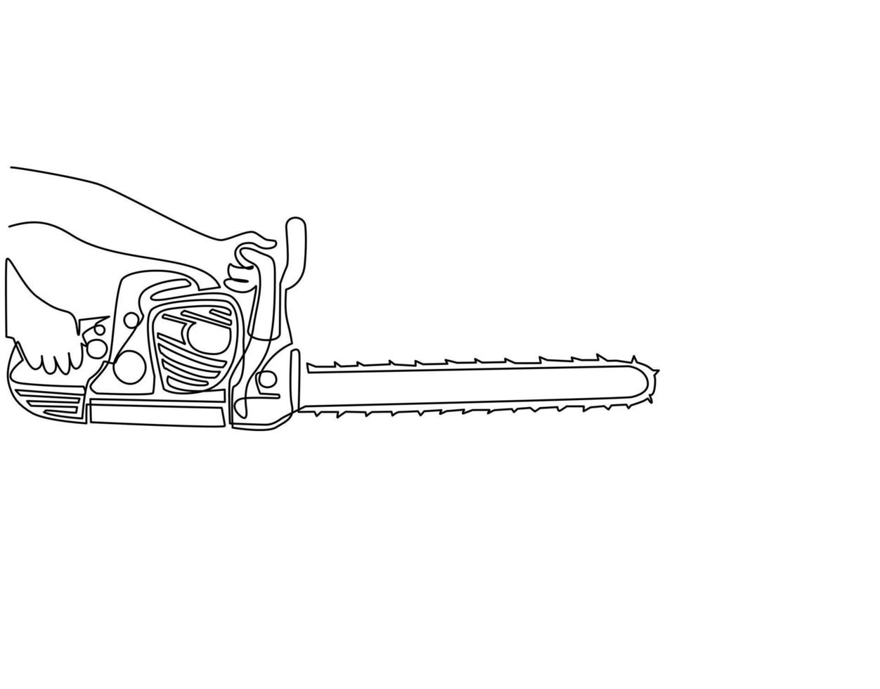 Single one line drawing hand holding chainsaw. Industry job equipment for strong man. Professional machine. Lumberjack tool. Woodcutter saw. Wood forester cutter. Continuous line draw design vector