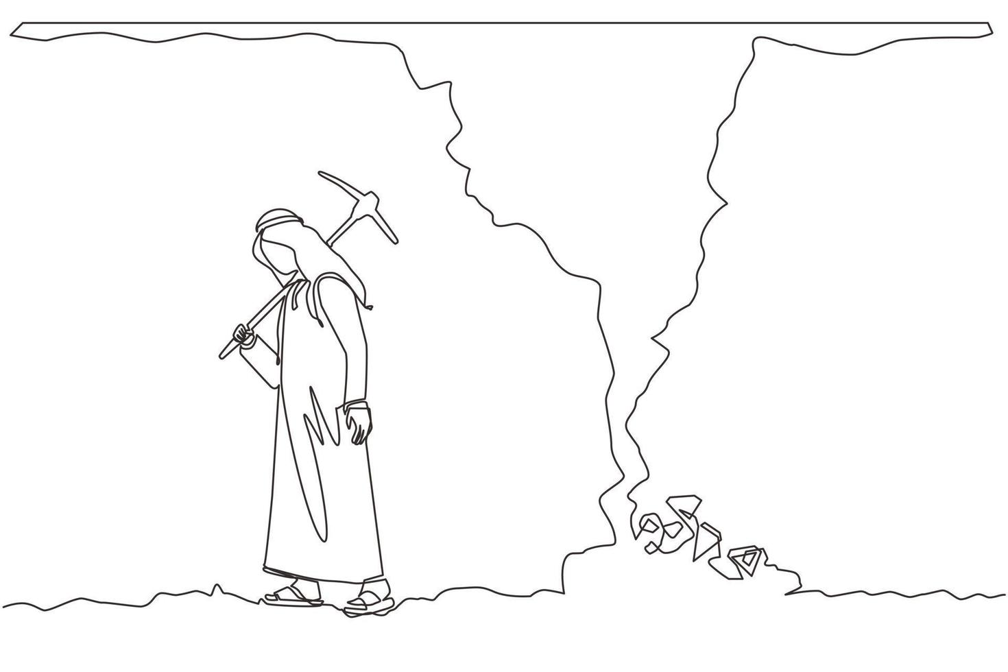 Continuous one line drawing Arabian businessman give up before reach money and diamonds. Worker gives up digging not knowing precious diamond is almost revealed. Single line design vector illustration