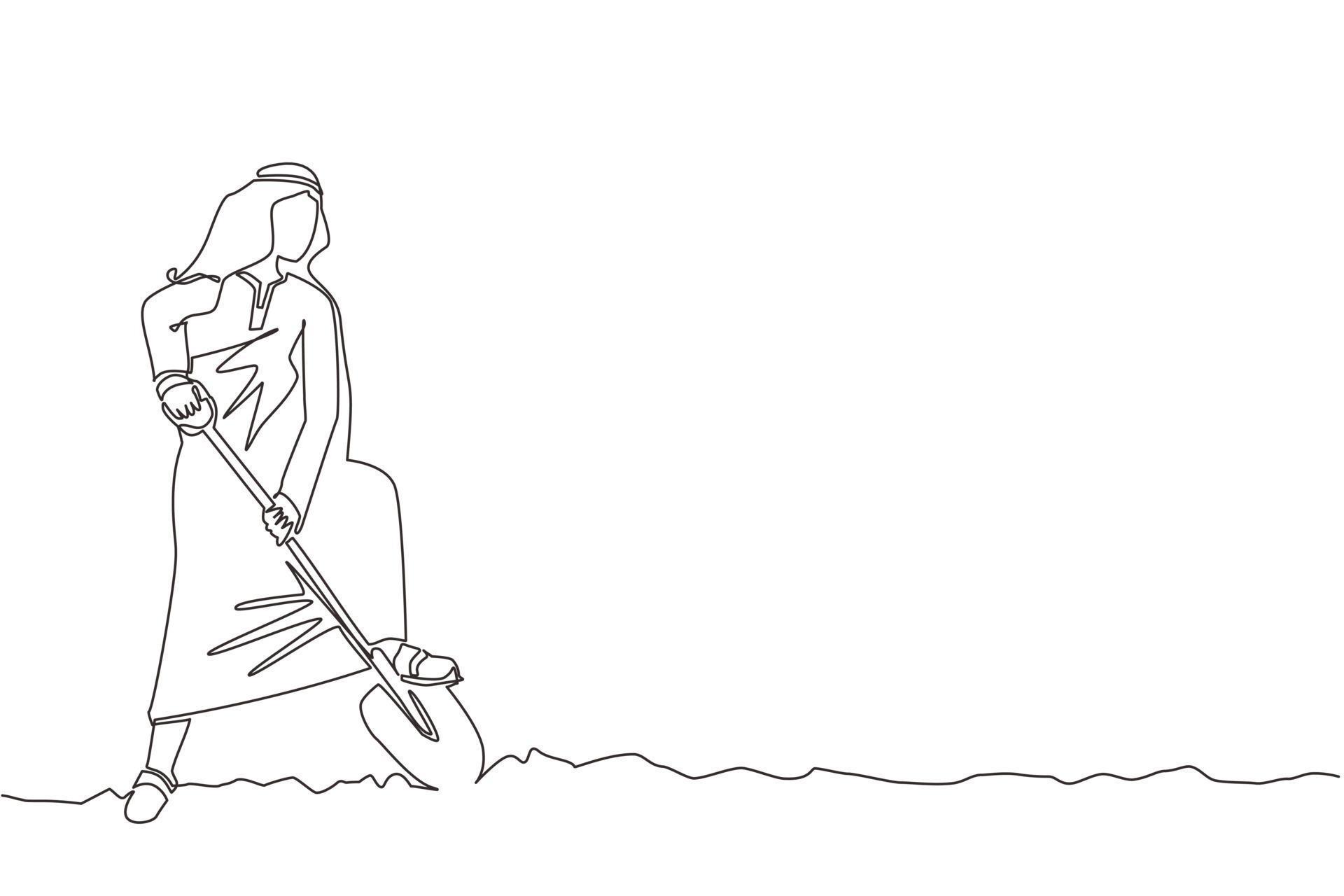 Single one line drawing Arabian businessman digging in dirt using