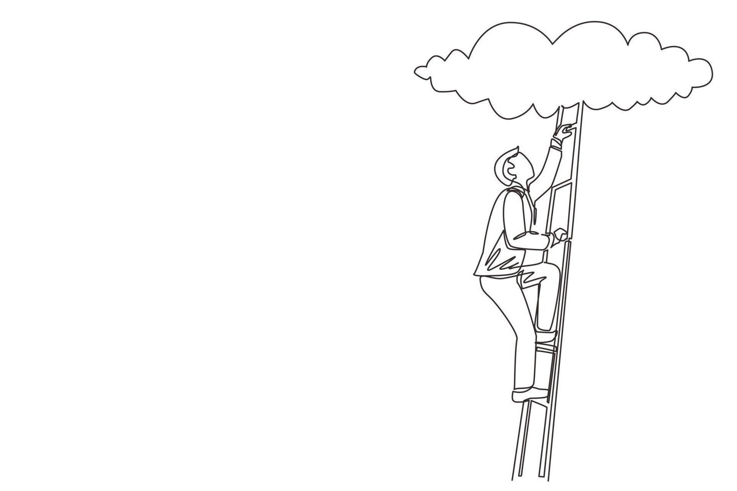 Continuous one line drawing businessman climbing up career ladder to cloud. Successful rising business development. Professional growth and promotion. Single line design vector graphic illustration