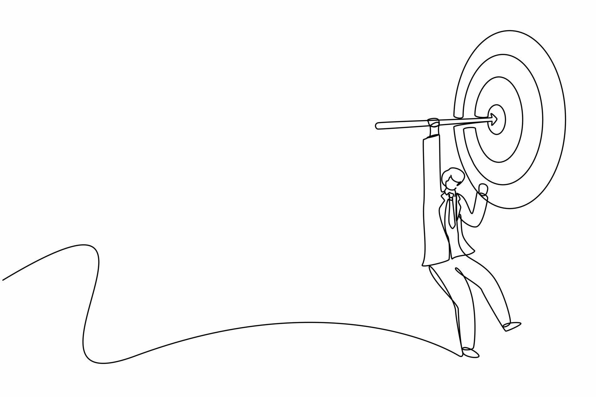 Single one line drawing businessman hanging arrow on target, business success concept