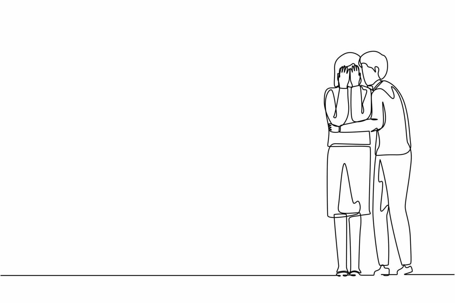 Single one line drawing man comforting her crying best friend. Depressed woman covering face with hands, her husband consoling, care about her. Help and support. Continuous line graphic design vector