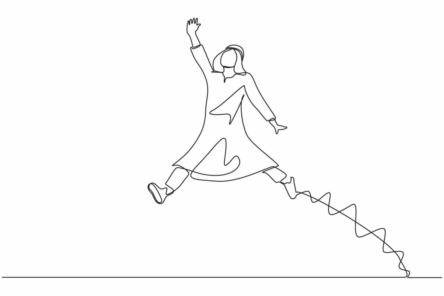 Continuous one line drawing happy Arab businessman jumping with spreads both legs and raises one hand. Salesman celebrates salary increase from company. Single line design vector graphic illustration