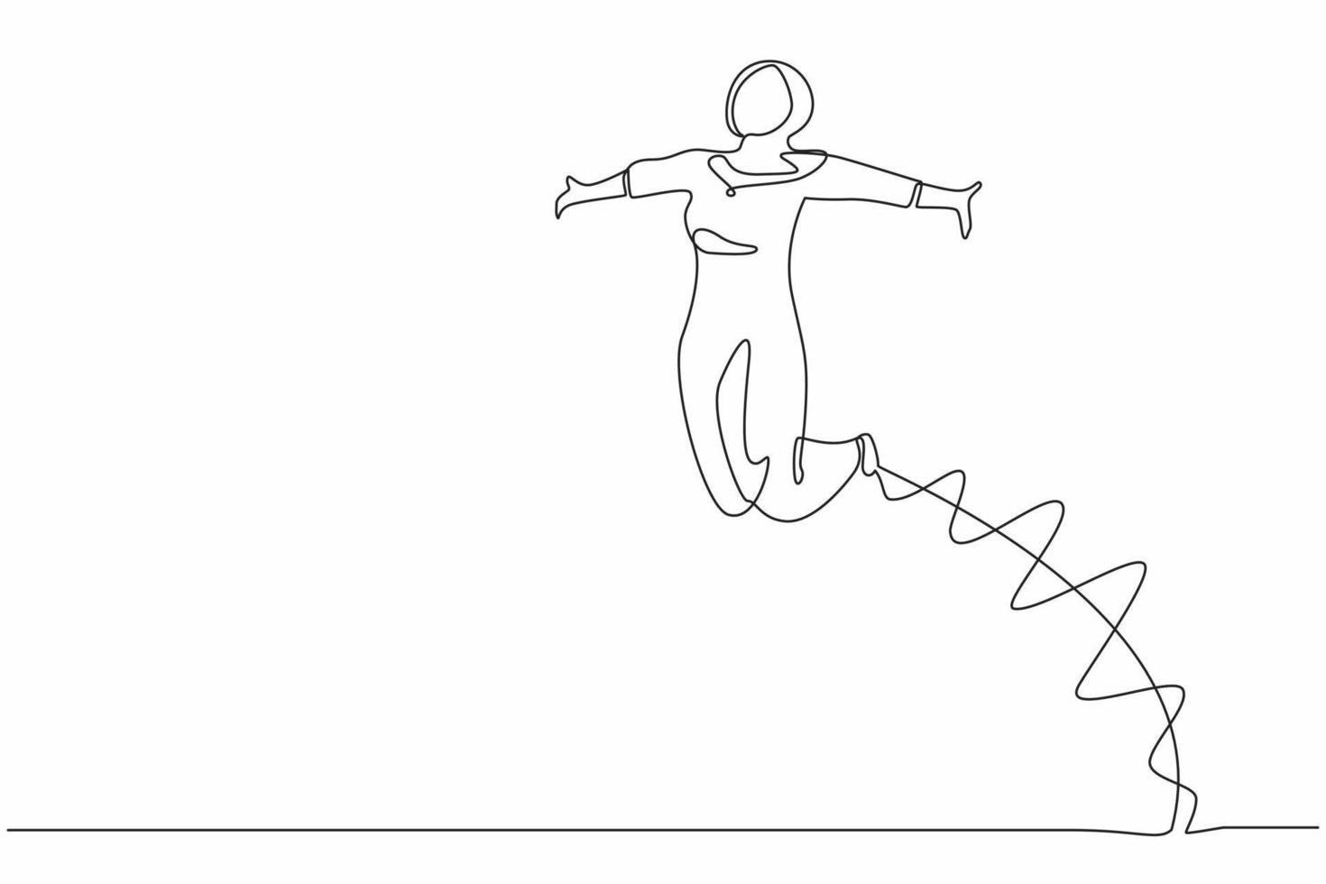 Continuous one line drawing happy Arab businesswoman jump with raised her legs, spread her arms. Female manager celebrating success of increasing company product sales. Single line draw design vector