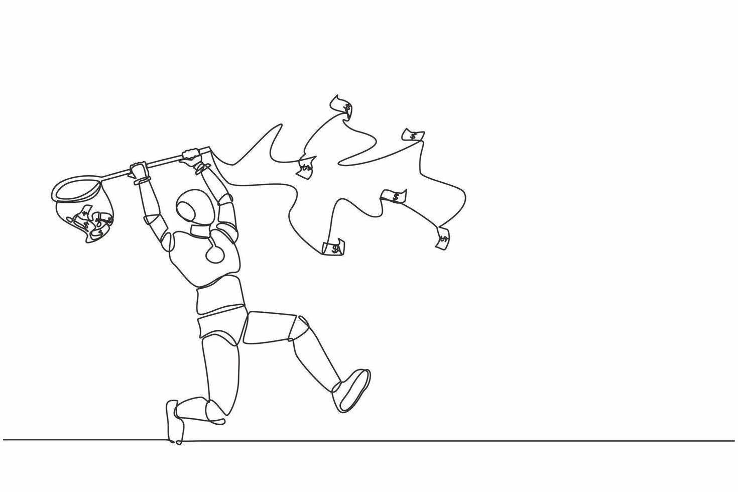 Single continuous line drawing robot trying to catch flying money with butterfly net. Robotic artificial intelligence. Electronic technology industry. One line draw graphic design vector illustration
