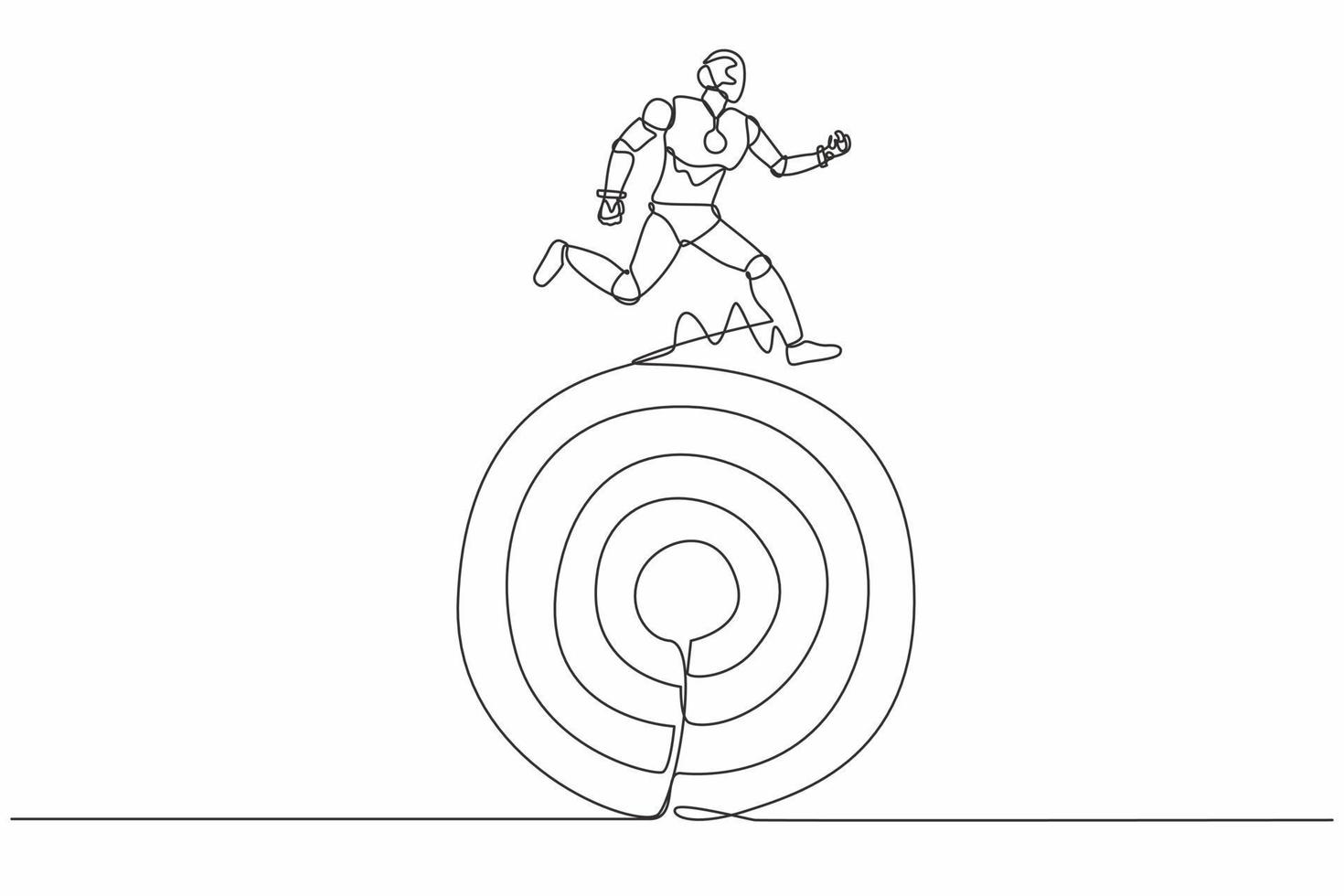 Continuous one line drawing robot move forward with goals. Robot running on target. Humanoid robot cybernetic organism. Future robotic development. Single line draw design vector graphic illustration