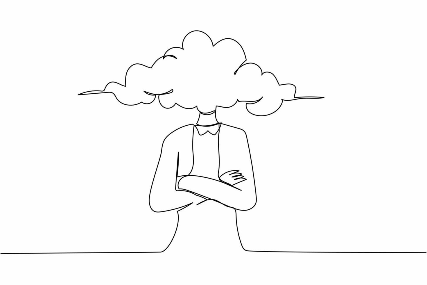 empresaria de cabeza de nube de dibujo de línea continua única. mujer con cabeza vacía y nube en su lugar. distraído, soñando despierto, ausente. metáfora empresarial. ilustración de vector de diseño gráfico de dibujo de una línea