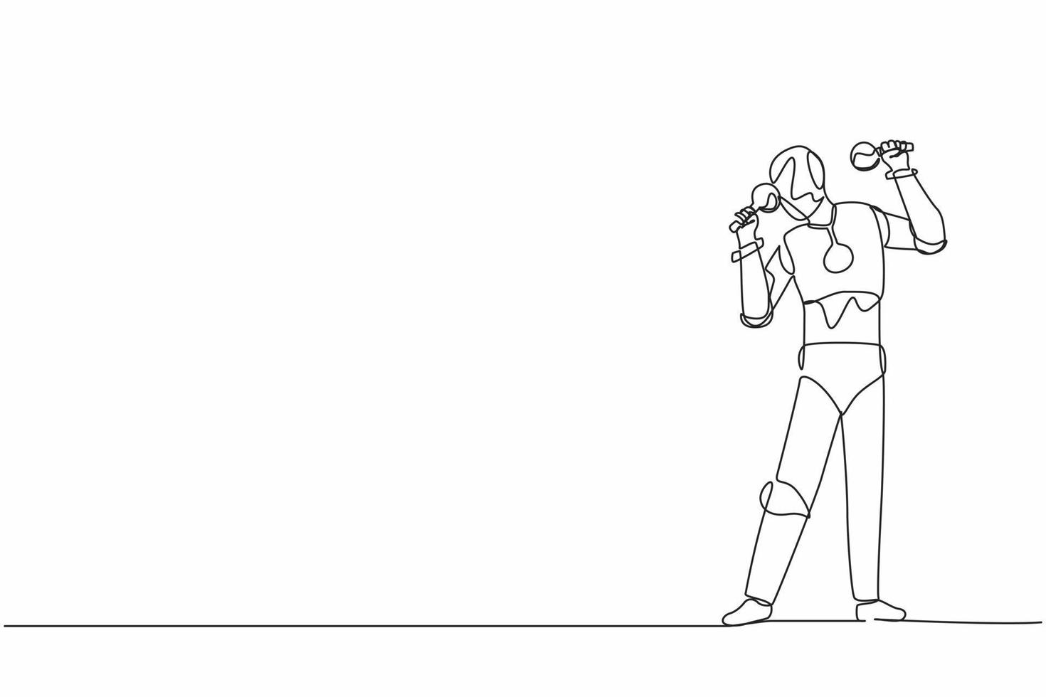 Single continuous line drawing robot performer with maracas musical instrument at music festival. Robotic artificial intelligence. Electronic technology industry. One line design vector illustration