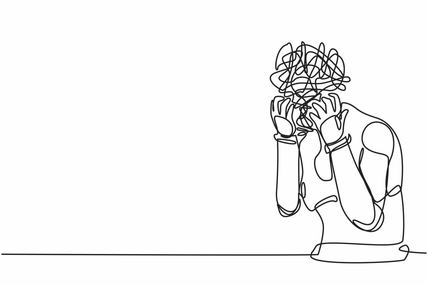 Single one line drawing robot with round scribbles instead of head, suffer headache, workload. Artificial intelligence and machine learning processes. Continuous line draw design vector illustration