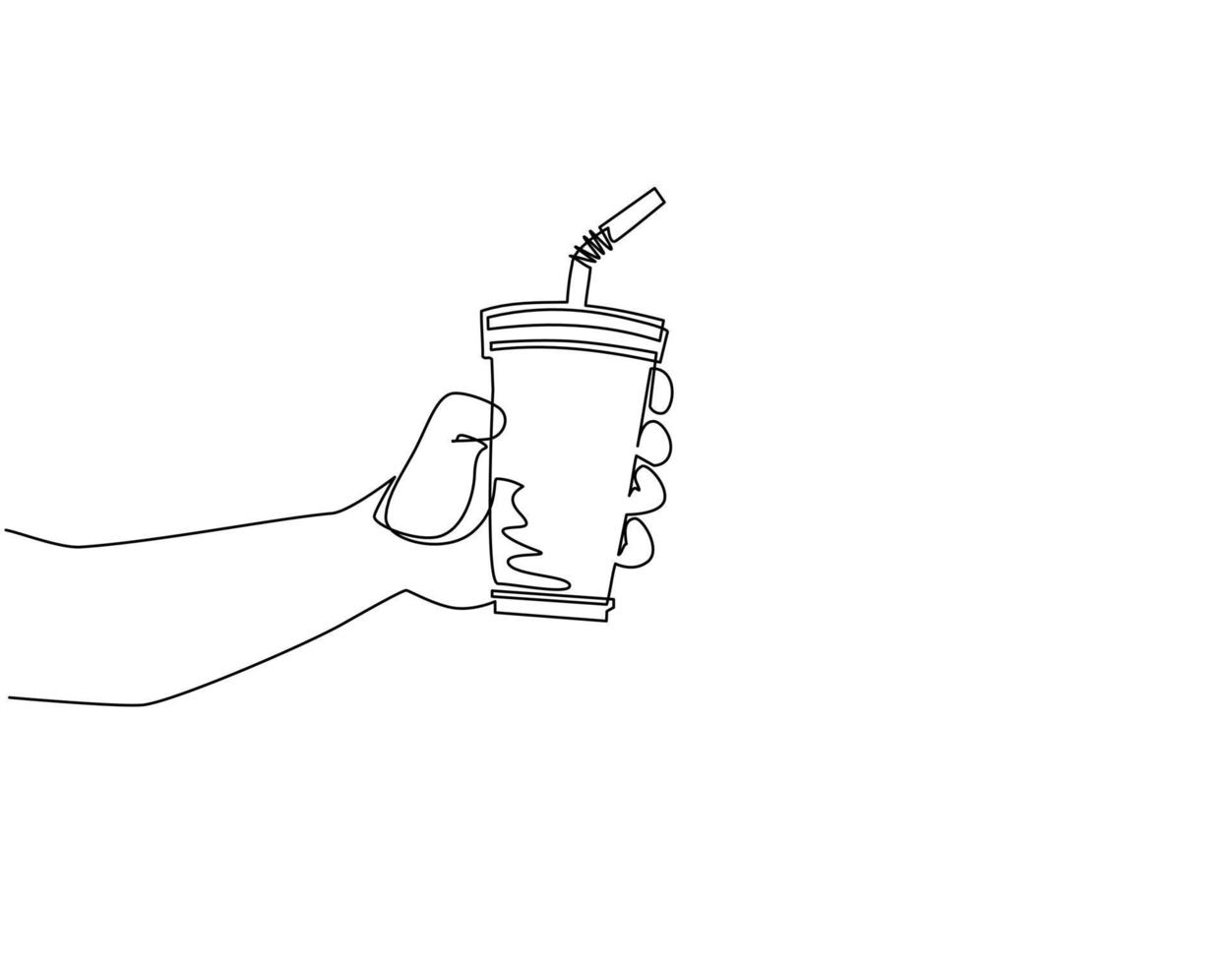 Single one line drawing hand hold paper cup. Male hand holding paper cup with straw on white background. For restaurant or cafe drink menu. Modern continuous line draw design vector illustration