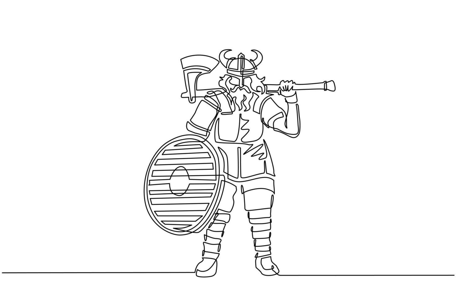 Single continuous line drawing norseman viking warrior raider barbarian wearing horned helmet with beard holding axe and shield on isolated white background. One line draw design vector illustration