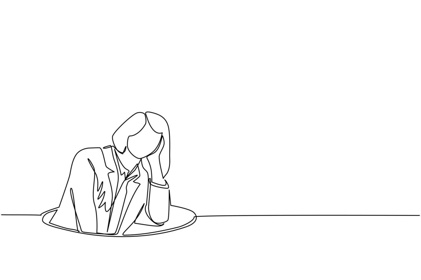 Single continuous line drawing businesswoman trying to get out of from hole, metaphor to facing big problem. Business struggles. Strength for success. One line draw graphic design vector illustration